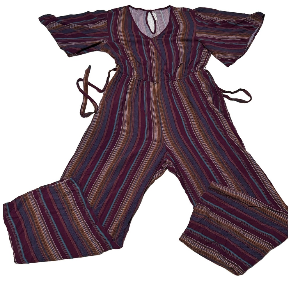 Maurice’s Jump Suit with Belt, Size Large , Plum with Multi Colored Stripes